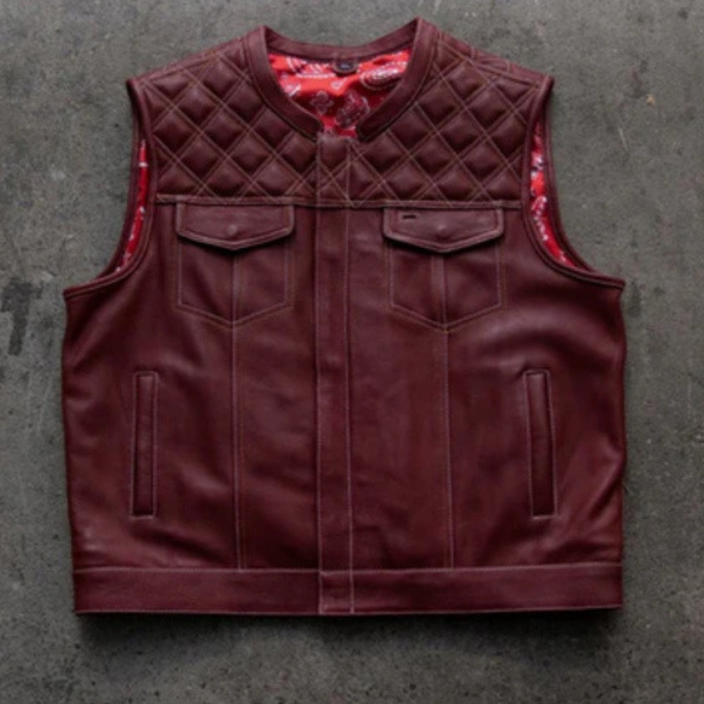 Men's Hunt Club Quilted Motorcycle Biker Leather Vest - Burgundy